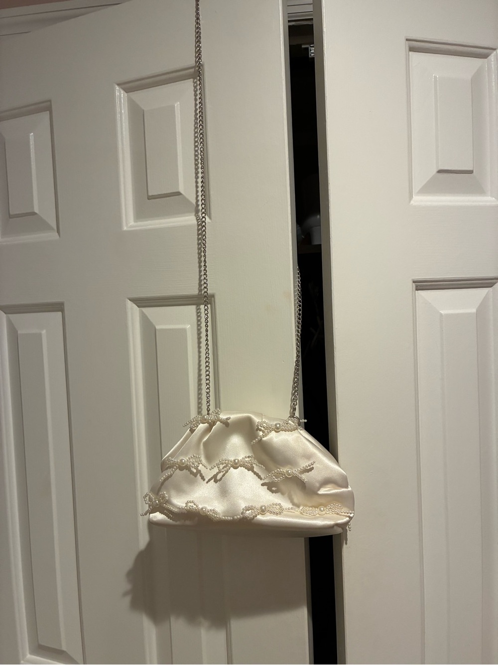 Elegant Ivory Satin Beaded Wristlet with Chain Strap